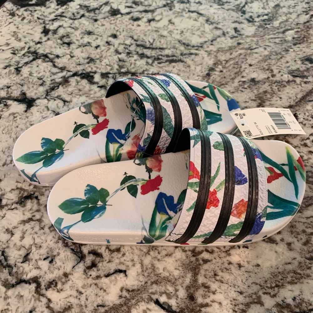 Adidas Women’s Original Slides Size 6 White Floral